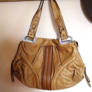 B Makowsky Tan Leather Satchel Bag with Zipper Closure